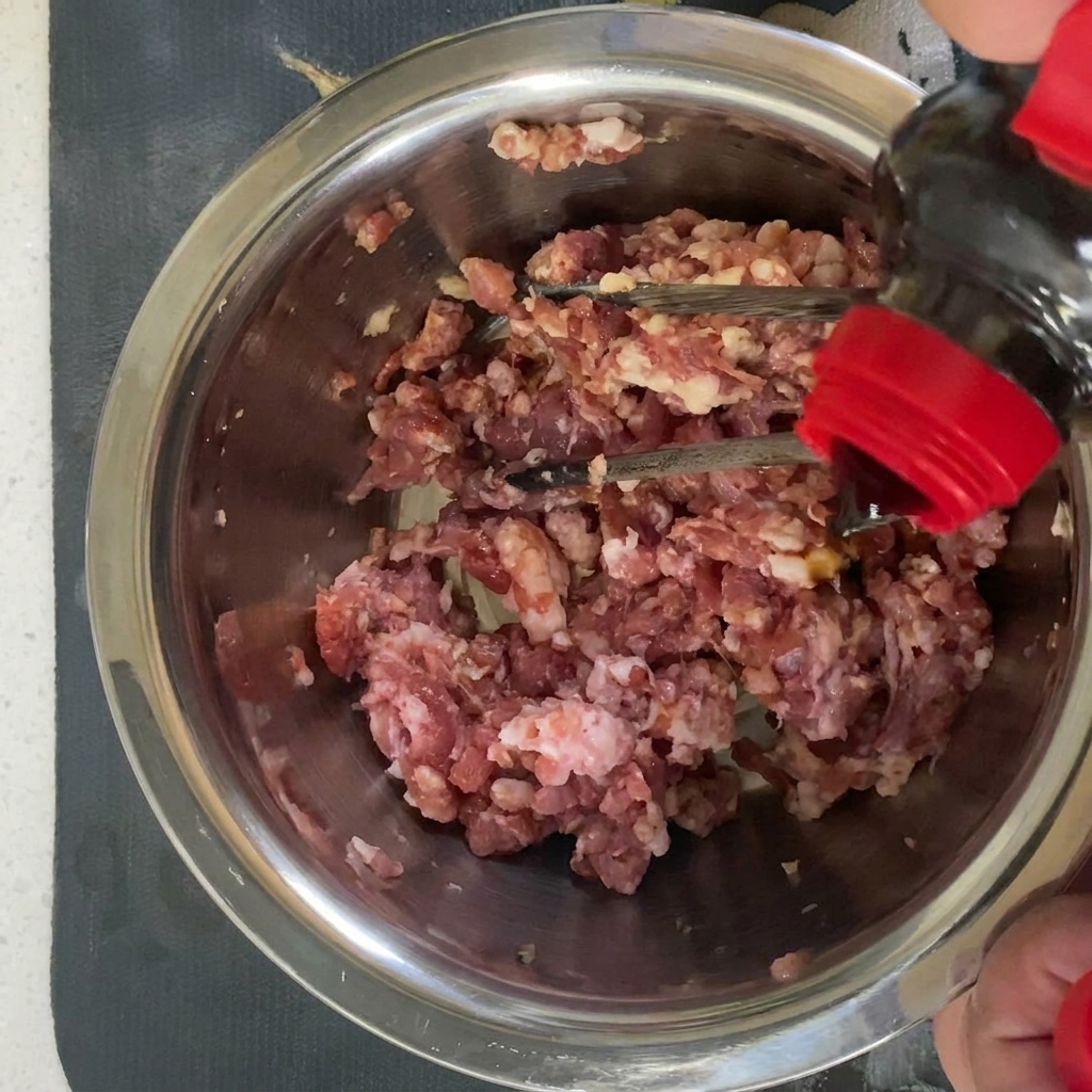 Porc finement haché dans un bol en train dêtre assaisonné avec diverses sauces et épices.