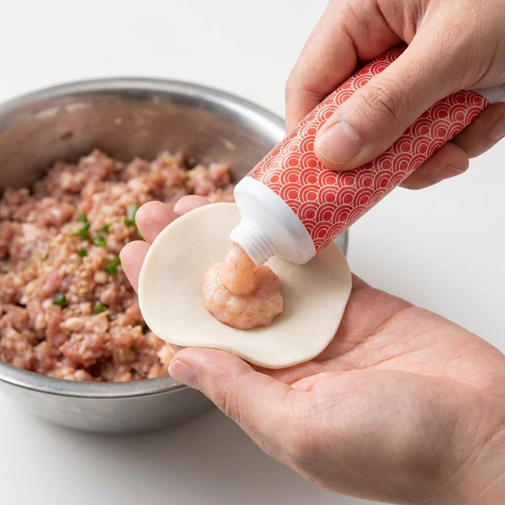 Une petite quantité de pâte de crevettes ajoutée sur une feuille de wonton avec la farce au porc préparée.
