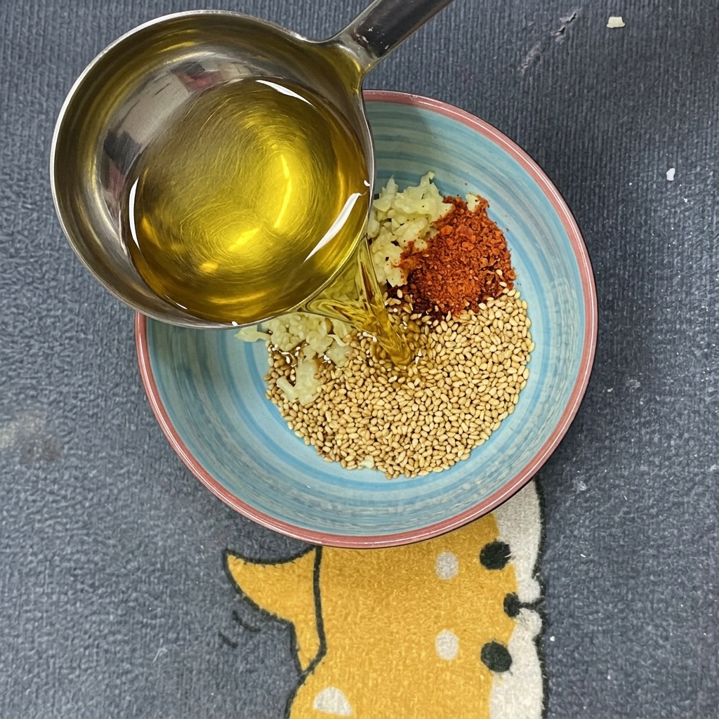 Huile chaude versée dans un bol contenant des aromates pour créer une huile pimentée parfumée.