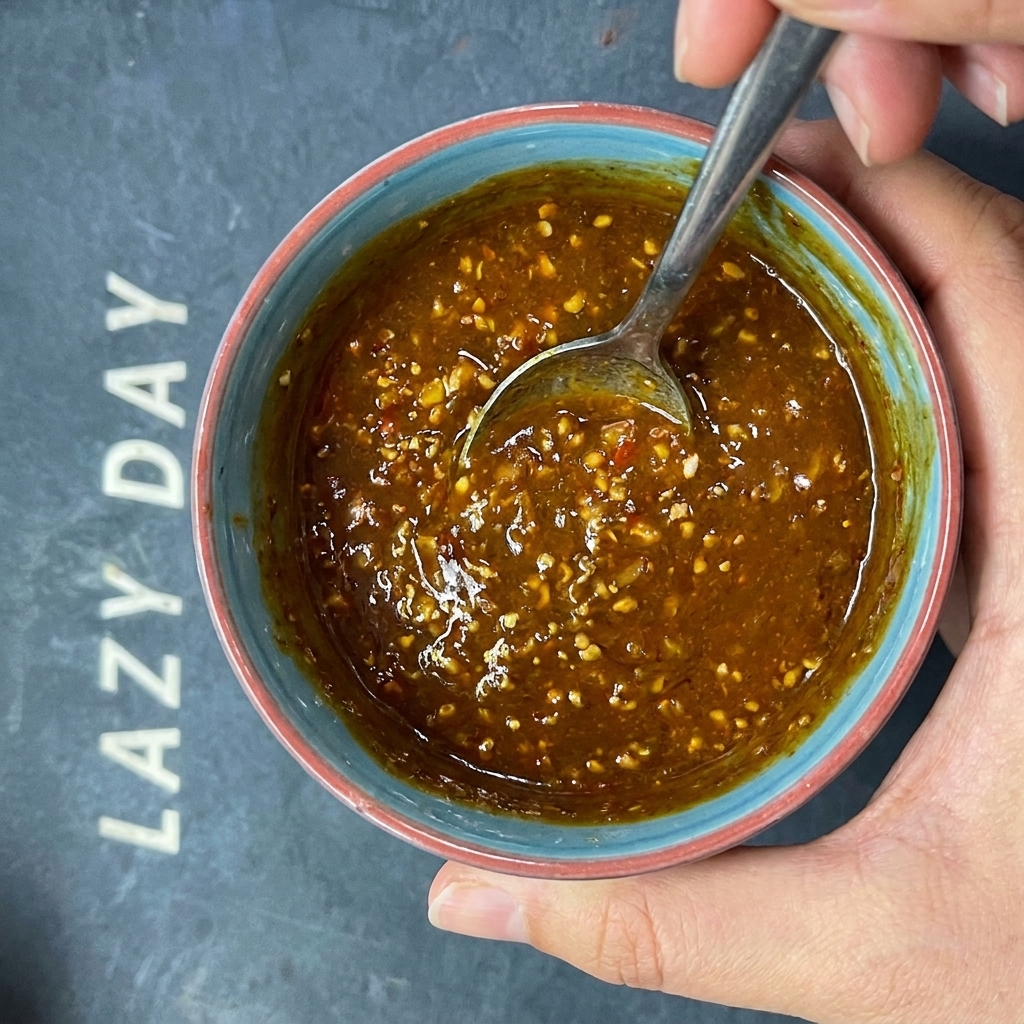 Pâte de sésame incorporée dans un bol dhuile pimentée pour finaliser la sauce des nouilles.