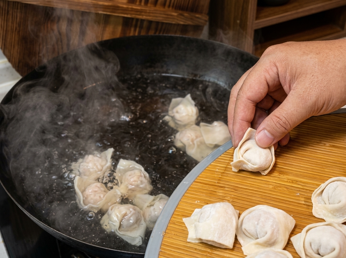Une main déposant soigneusement des wontons frais dans une eau en ébullition vigoureuse.