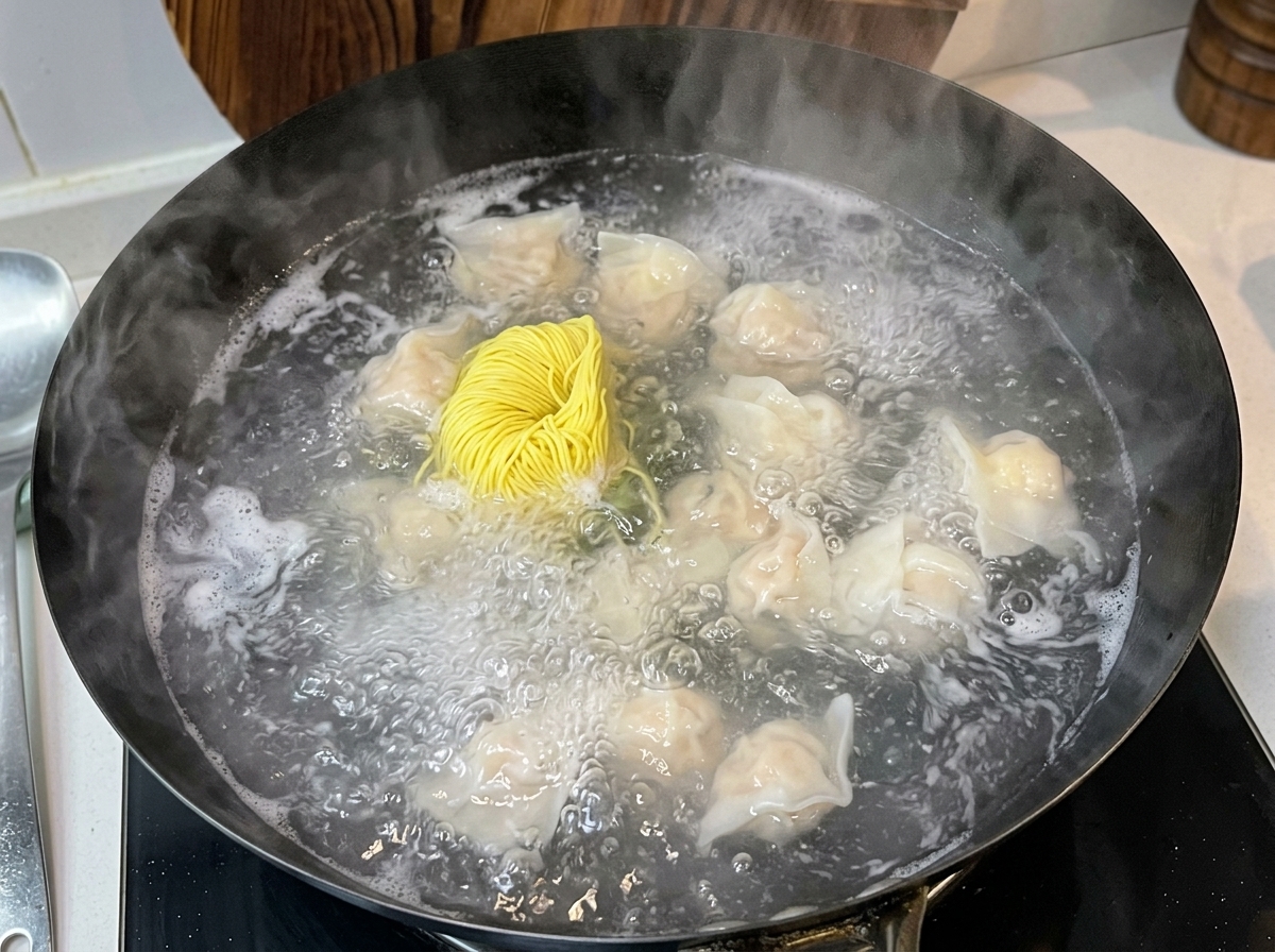 Une portion de nouilles sèches ajoutée dans le wok deau bouillante aux côtés des wontons en cuisson.