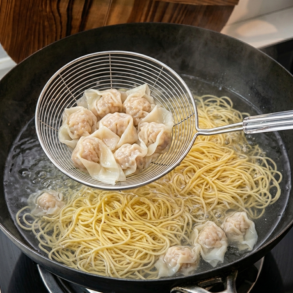 Une écumoire soulevant des wontons translucides de leau bouillante.