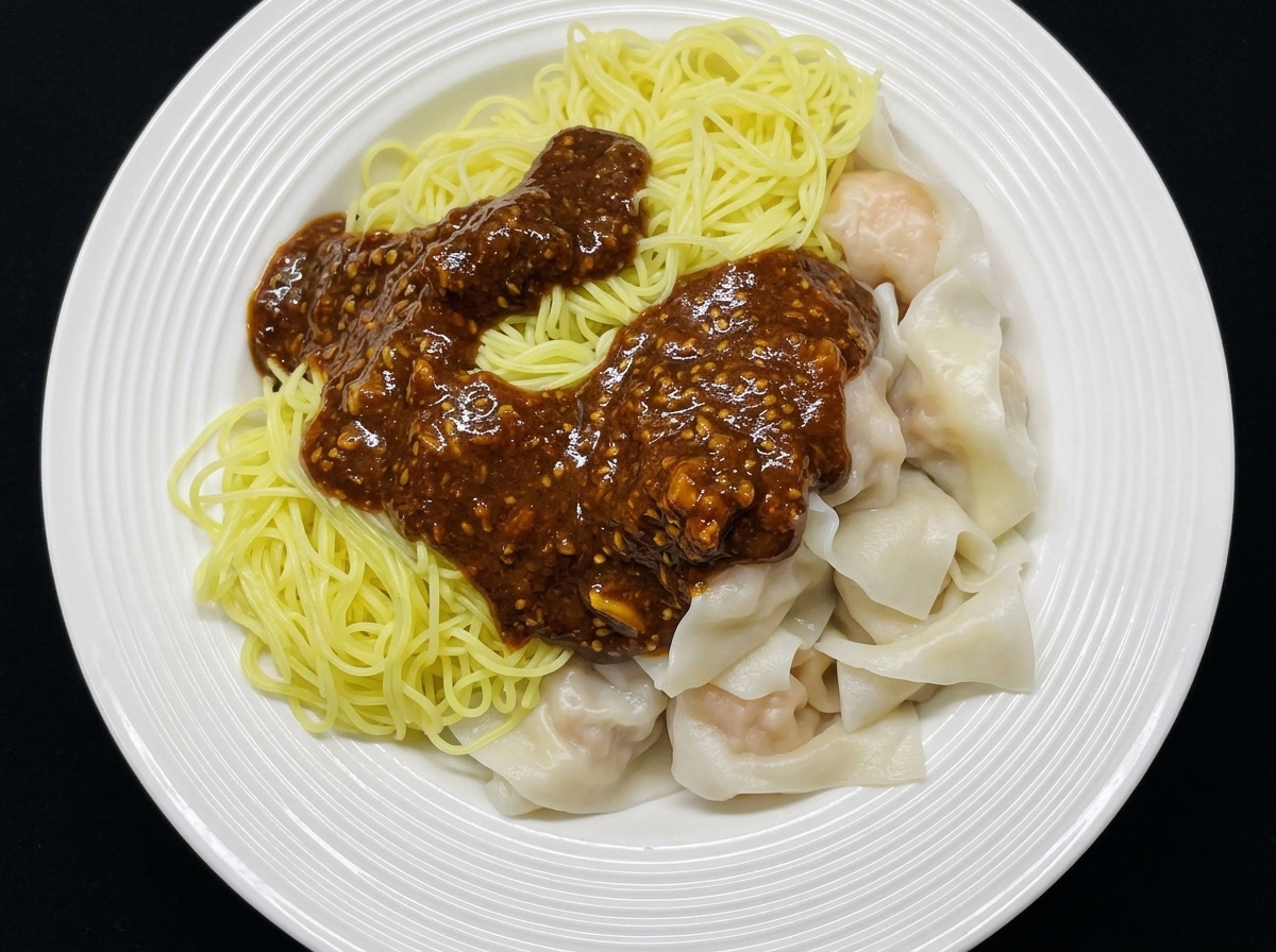 Gros plan sur la sauce sésame-piment versée sur une assiette de wontons et nouilles fraîches.