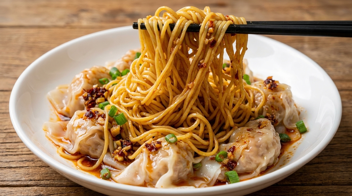 Wontons secs aux nouilles et sauce sésame-piment