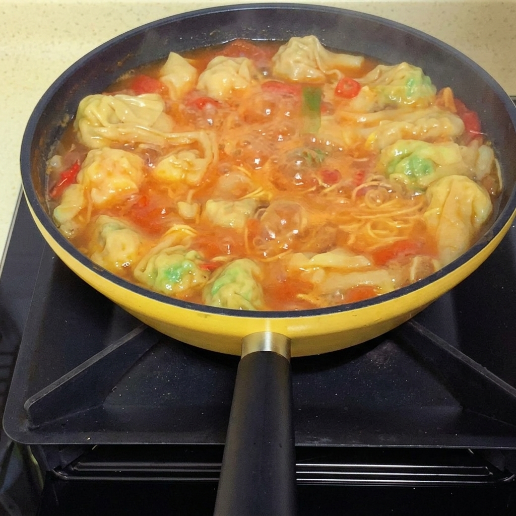 Oignons verts fraîchement hachés saupoudrés sur la soupe aux wontons terminée.