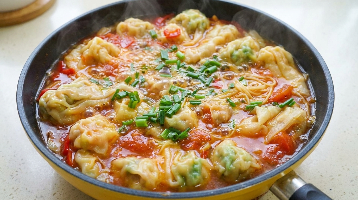 Une soupe de nouilles aux wontons à base de tomates, garnie doignons verts frais.