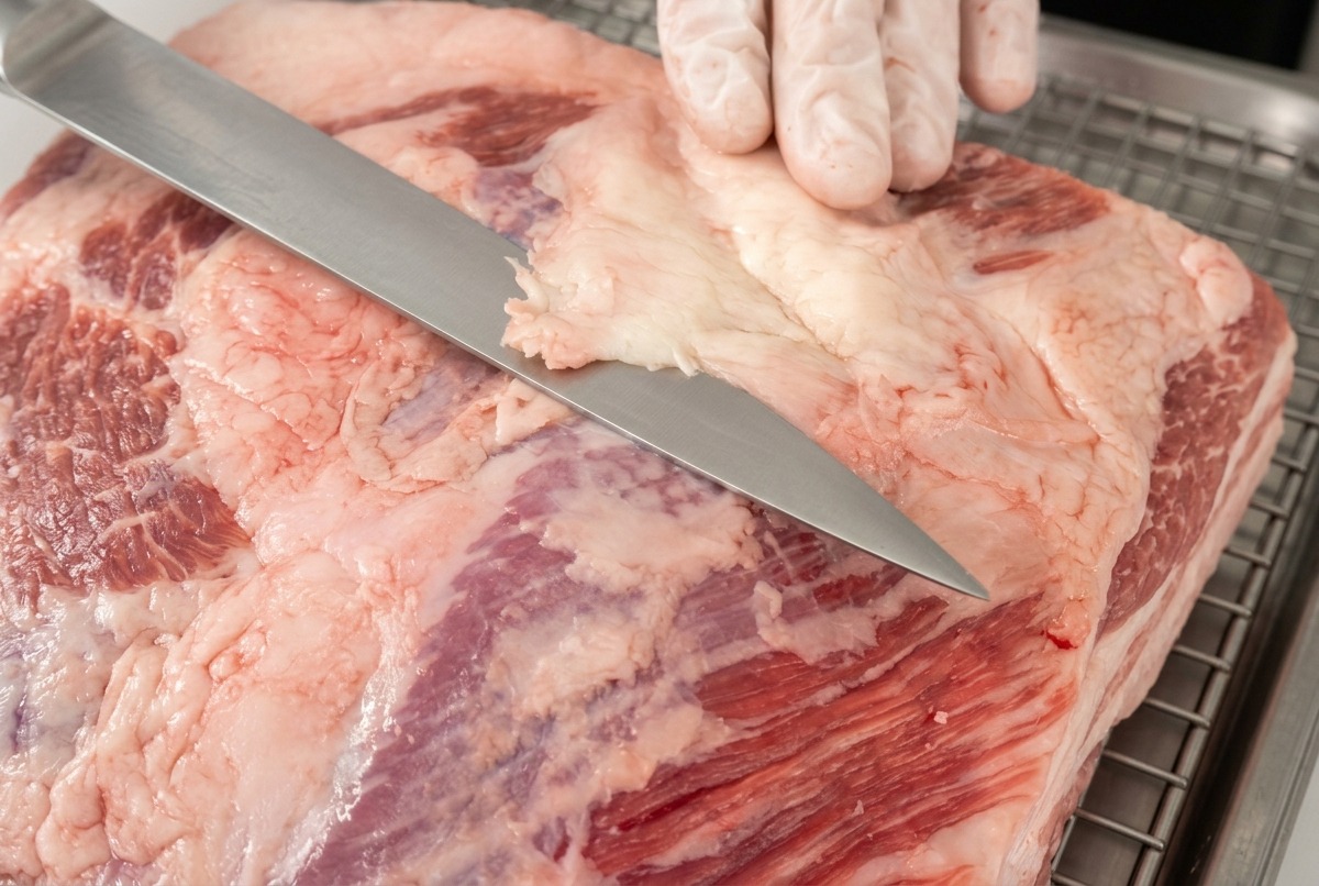 Gros plan dun couteau tranchant une épaisse couche de gras blanc sur la surface des côtes de bœuf crues.