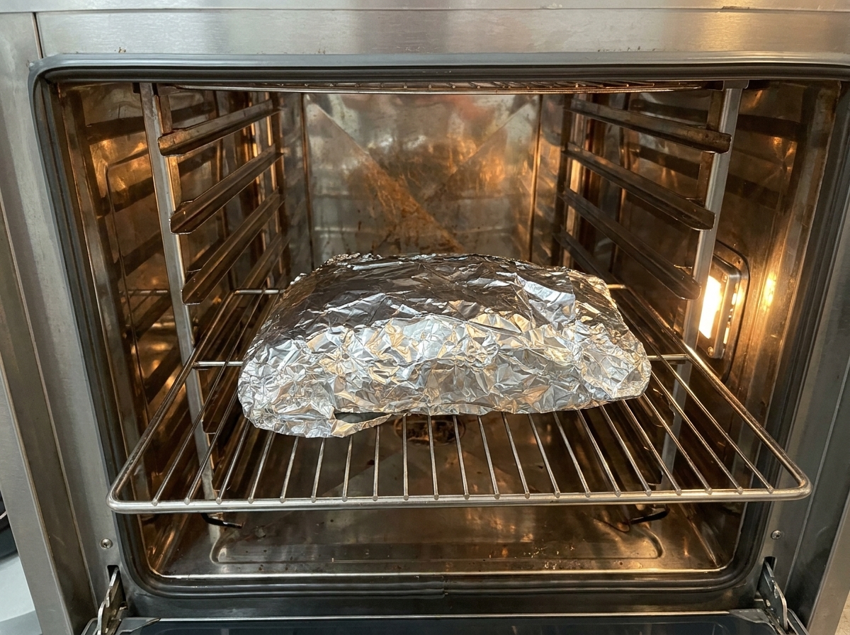 Un paquet enveloppé daluminium reposant sur une grille à lintérieur dun four préchauffé.