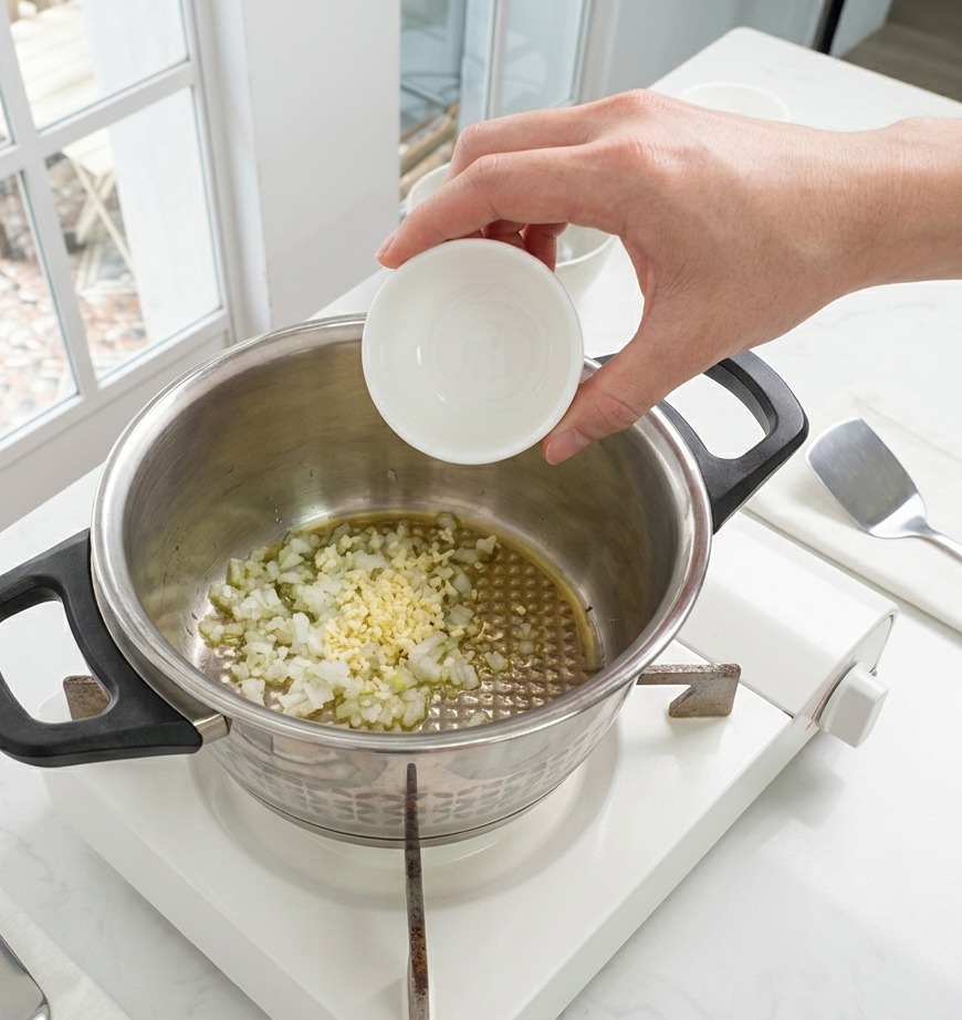 Ail émincé et oignons blancs ajoutés dans une casserole en inox avec de lhuile sur une cuisinière.