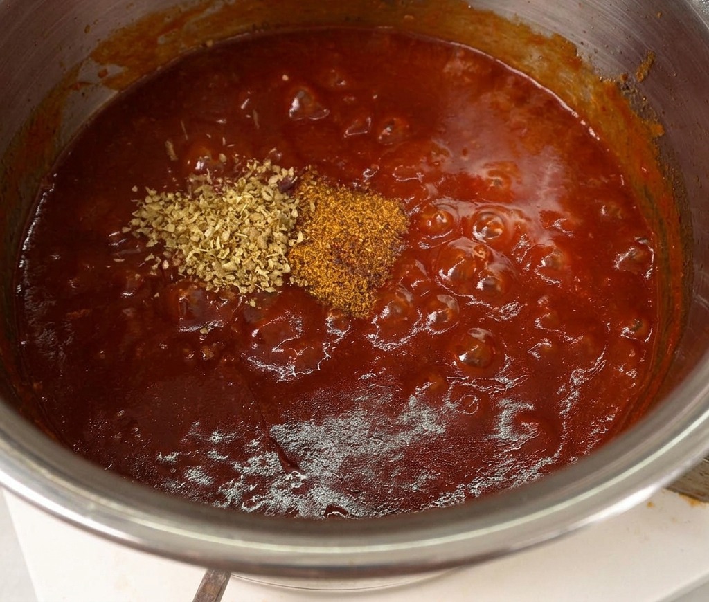 Épices et herbes séchées sur une sauce BBQ rouge bouillonnante dans une casserole métallique.