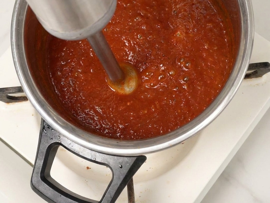Une personne utilisant un mixeur plongeant pour lisser une sauce BBQ rouge épaisse dans une casserole.