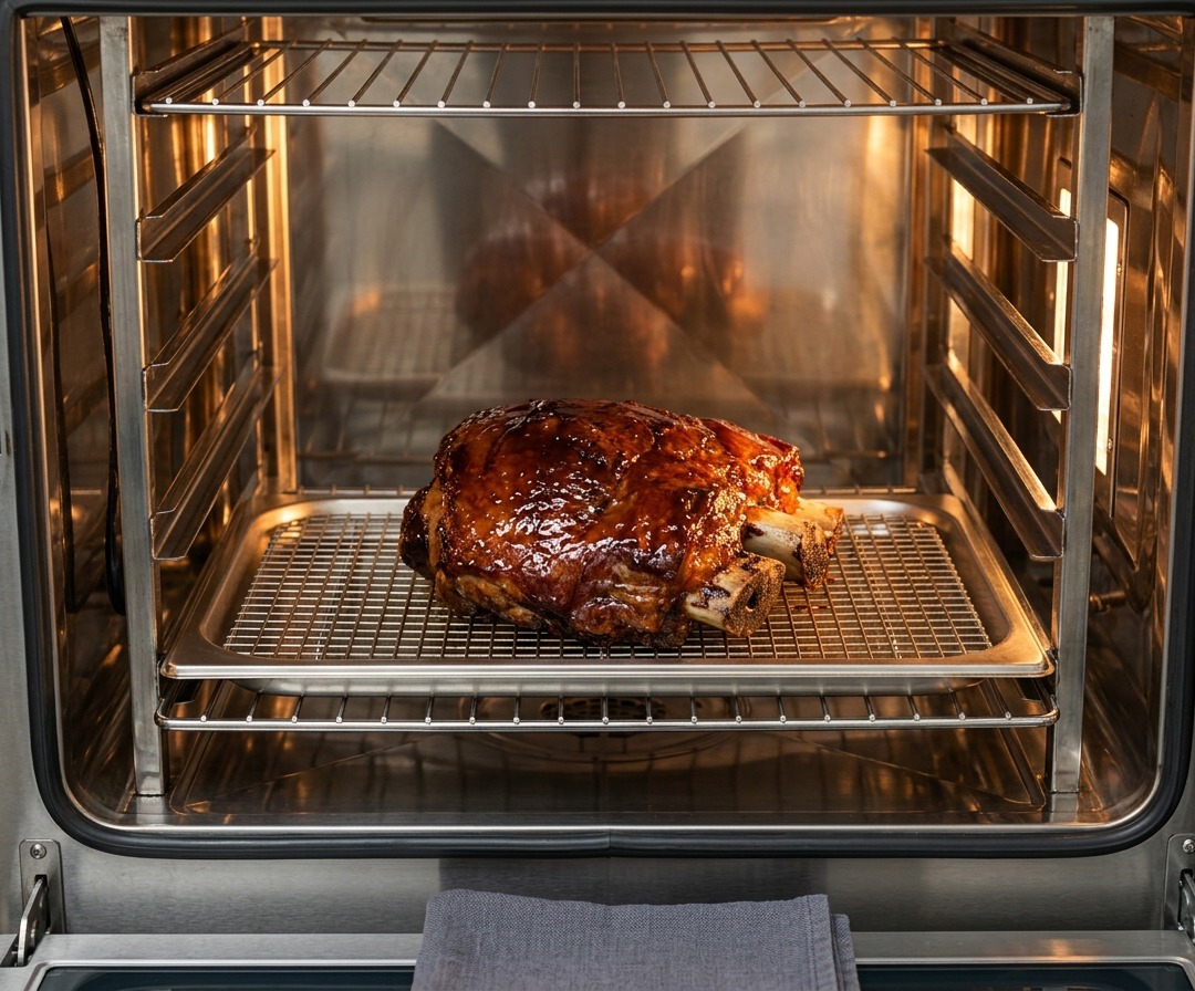 Côtes de bœuf glacées reposant sur une grille dans un four allumé pour létape finale.