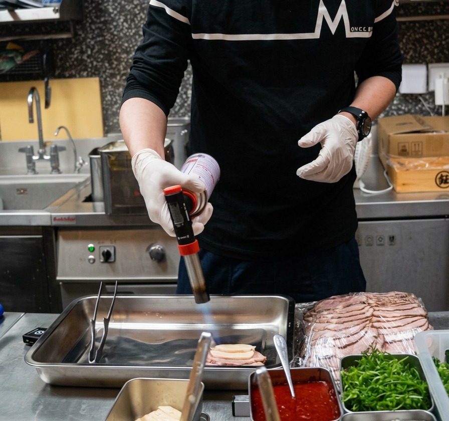 Une personne utilisant un chalumeau de cuisine pour saisir des tranches de porc sur une plaque en acier inoxydable dans une cuisine.