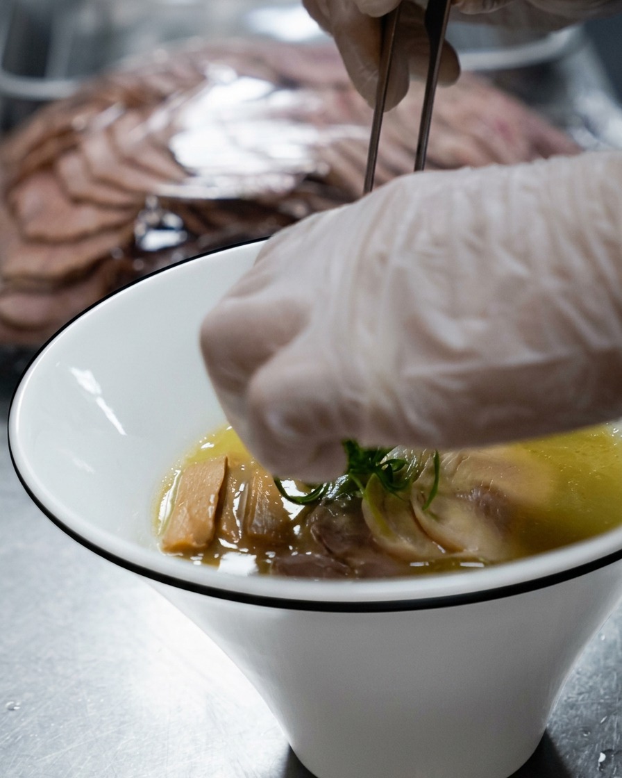 Des oignons verts fraîchement hachés saupoudrés en garniture finale sur le bol de ramen.