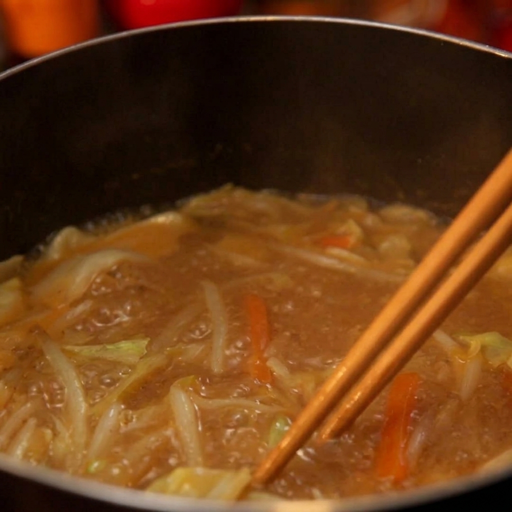 De leau chaude versée dans le bol, commençant à faire fondre le mélange de miso et de beurre.