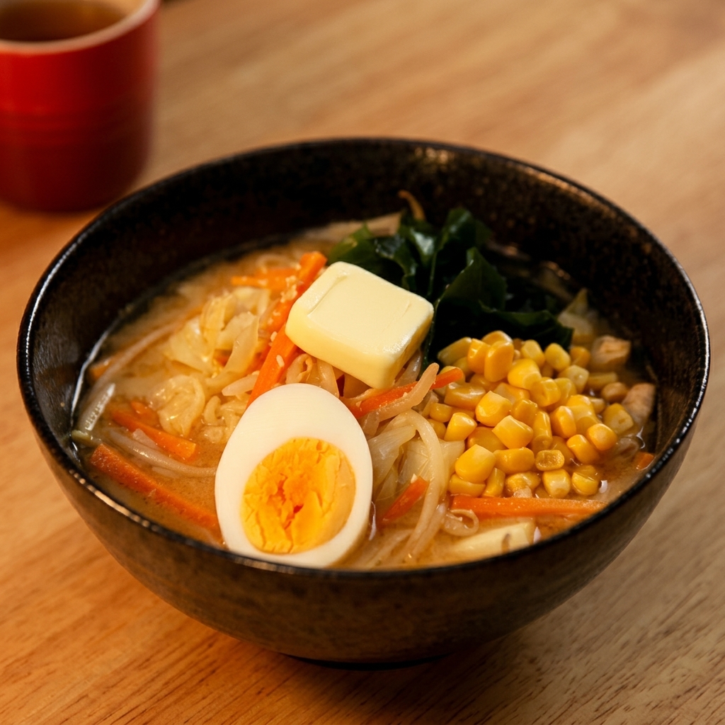 Une cuillerée de grains de maïs jaune en conserve ajoutée en garniture sur le bol de ramen.