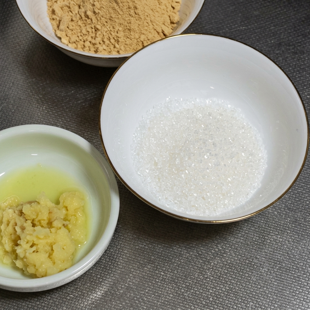 Gros plan sur un bol blanc contenant une cuillère de pâte miso rouge avec de lail et du gingembre fraîchement hachés.