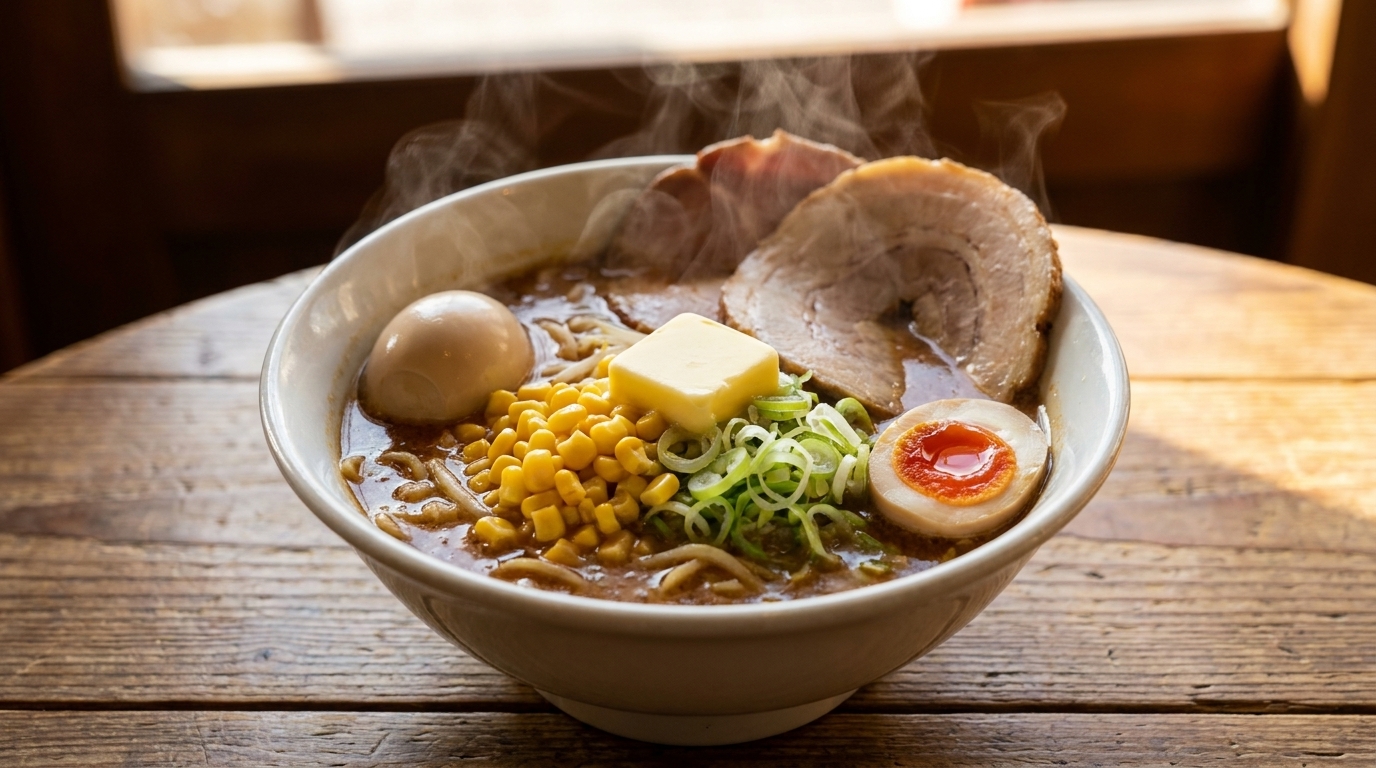 Un bol fumant de ramen miso au beurre garni de maïs, doignons frais, de chashu de porc et dun œuf mollet.