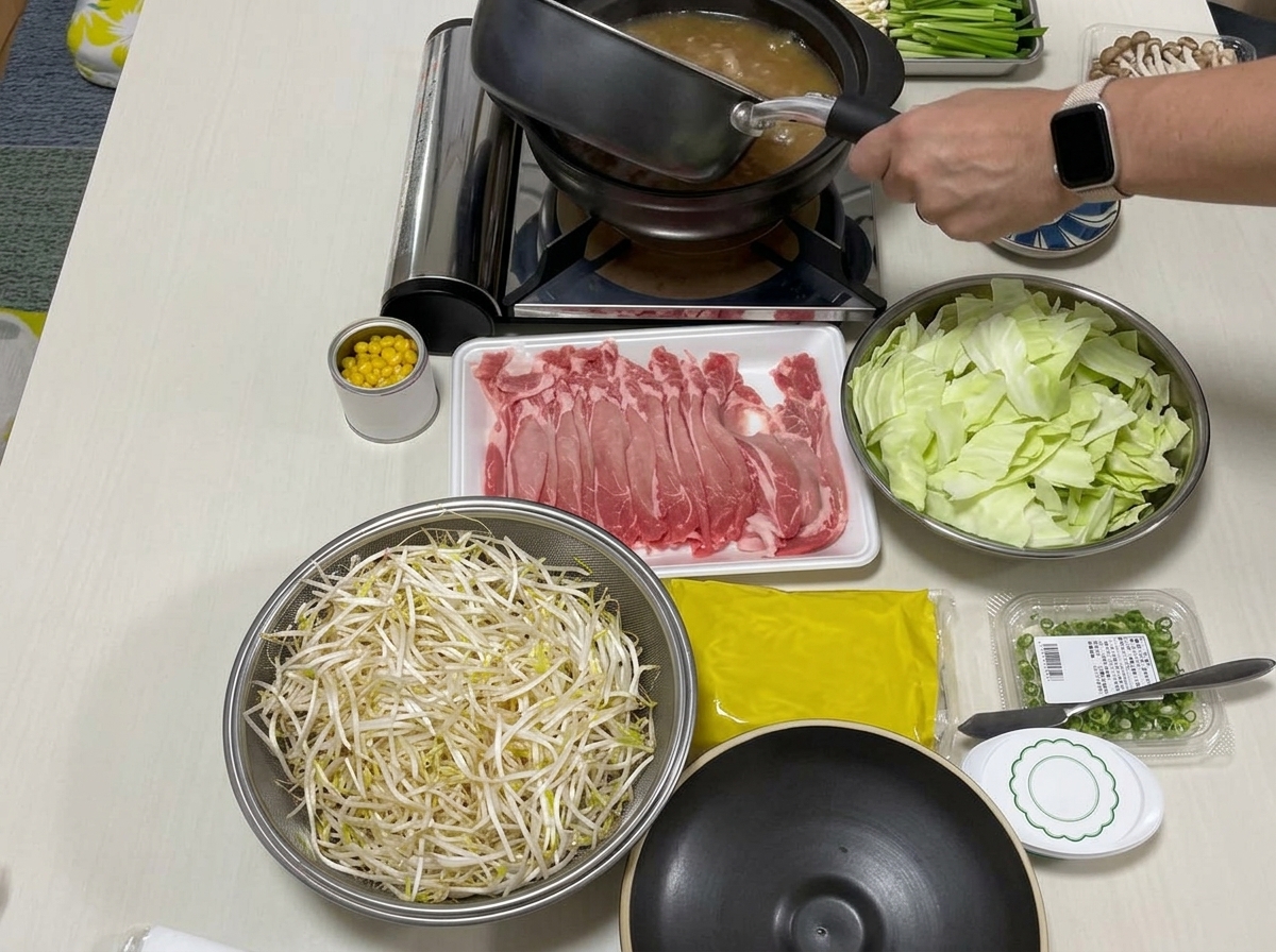 Gros plan dune louche versant un bouillon riche et doré dans un faitout rempli de légumes colorés, de viande tranchée et de nouilles.