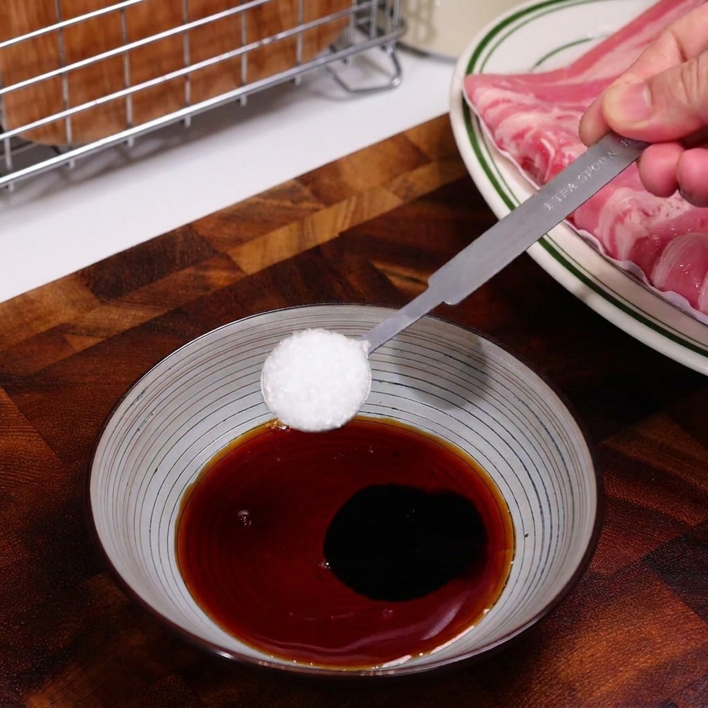 Une main utilisant une cuillère doseuse pour ajouter de la fécule dans un bol contenant une sauce foncée.