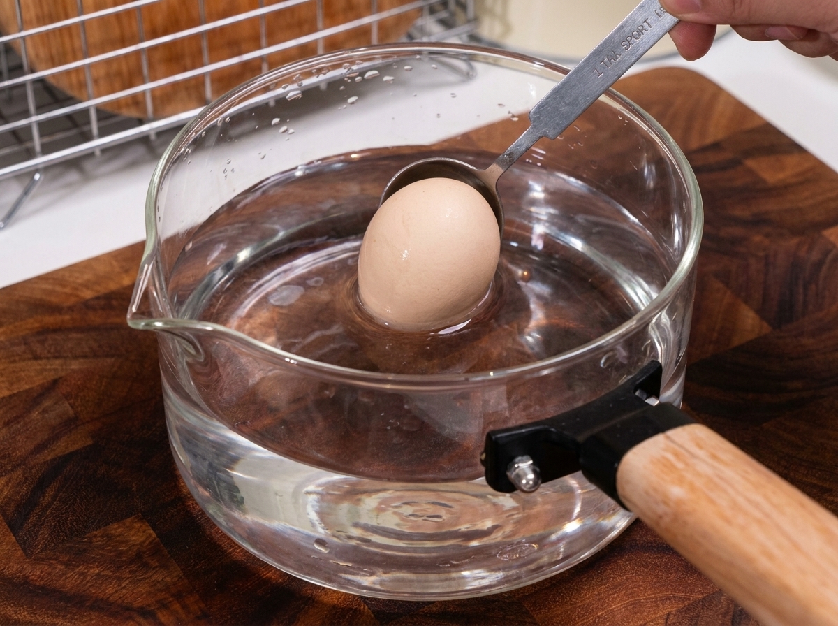 Un œuf entier délicatement plongé dans une casserole en verre remplie deau chaude à laide dune cuillère.
