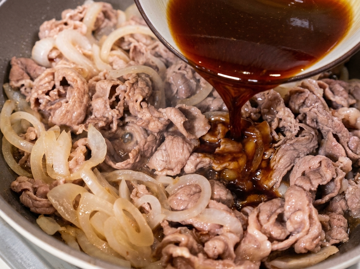Une sauce foncée versée depuis un bol sur le bœuf émincé et les oignons dans une poêle.