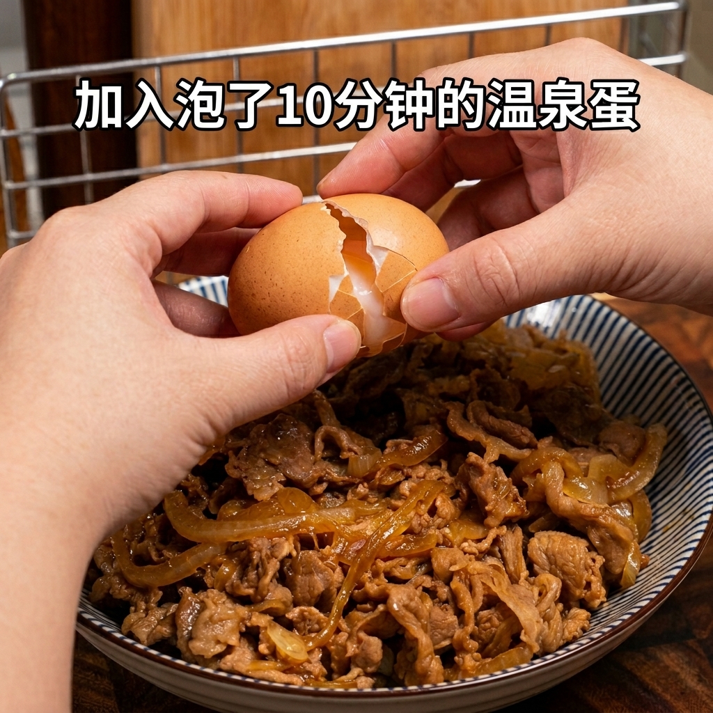 Un œuf mollet délicatement cassé sur un bol de riz garni de bœuf.