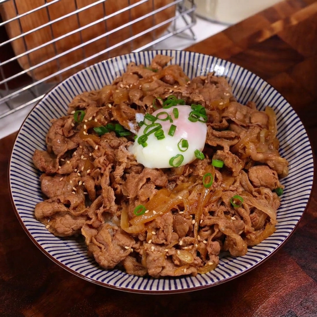 Un bol de gyudon terminé, garni dun œuf mollet, parsemé de ciboule et de graines de sésame.