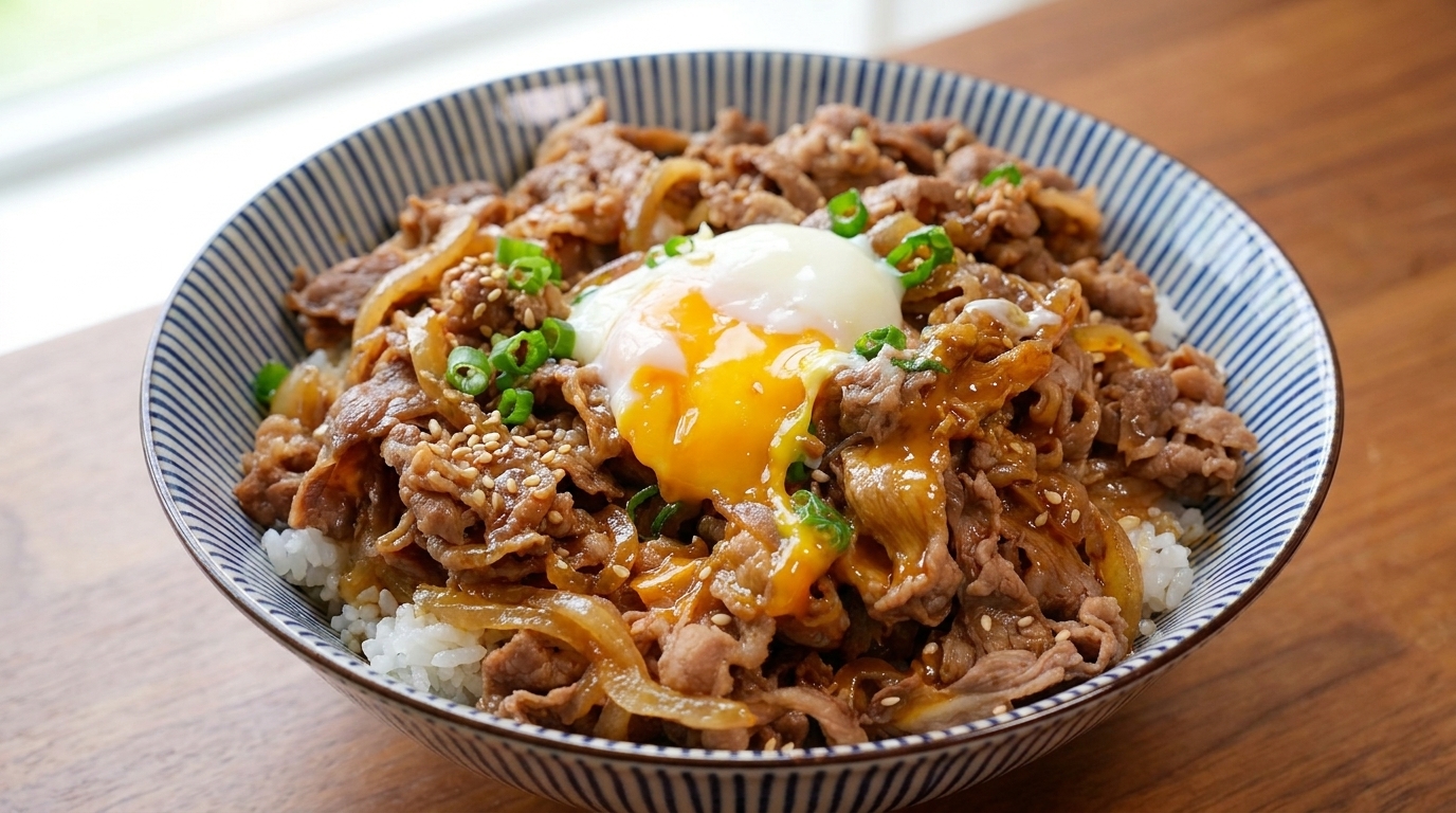 Un généreux bol de Gyudon japonais, garni de bœuf tendre, doignons caramélisés et dun œuf mollet sur un lit de riz moelleux.