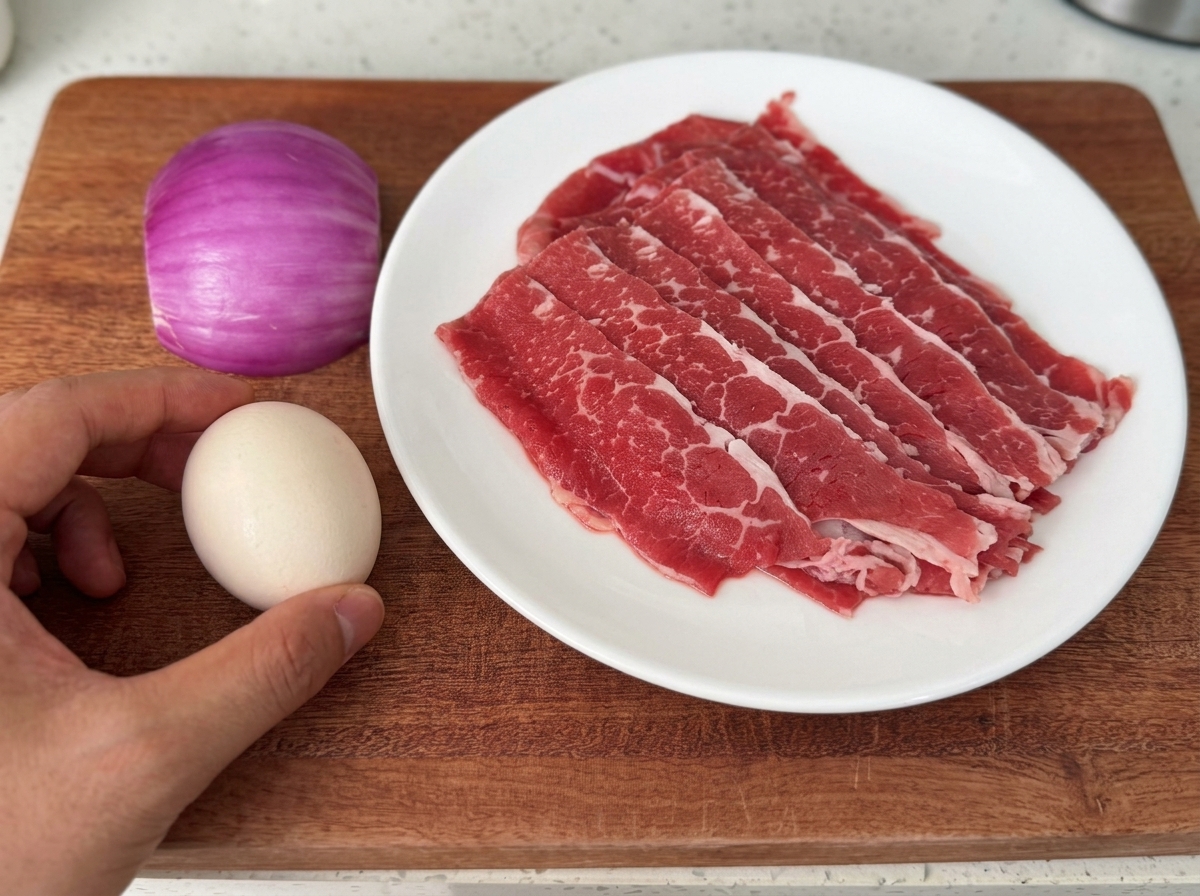 Slices de bœuf ajoutées dans une poêle chaude.