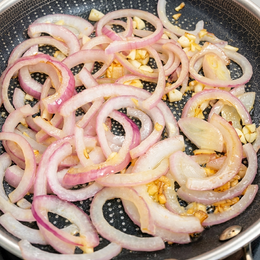 Le bœuf ajouté dans la poêle contenant les oignons fondus.