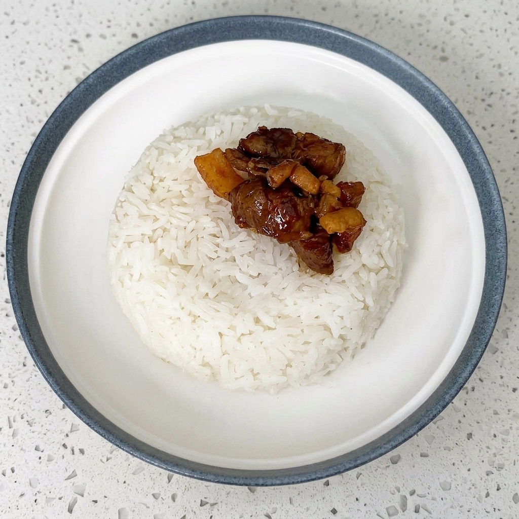 Bœuf et oignons disposés sur un bol de riz blanc.
