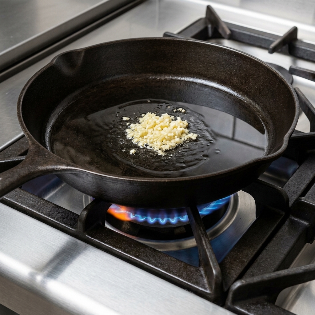 Ail et oignons finement émincés grésillant dans un peu dhuile dans une poêle en fonte.