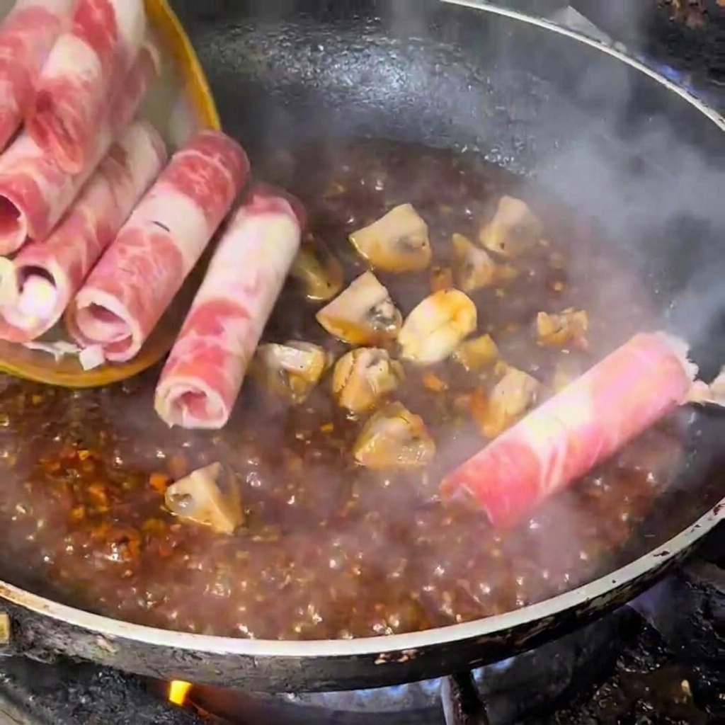 Fines tranches de bœuf snowflake ajoutées dans une poêle avec la sauce et les champignons.