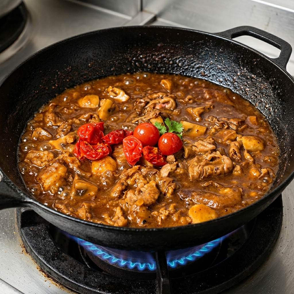 Tomates cerises ajoutées dans la poêle contenant le bœuf, les champignons et la sauce épaisse.