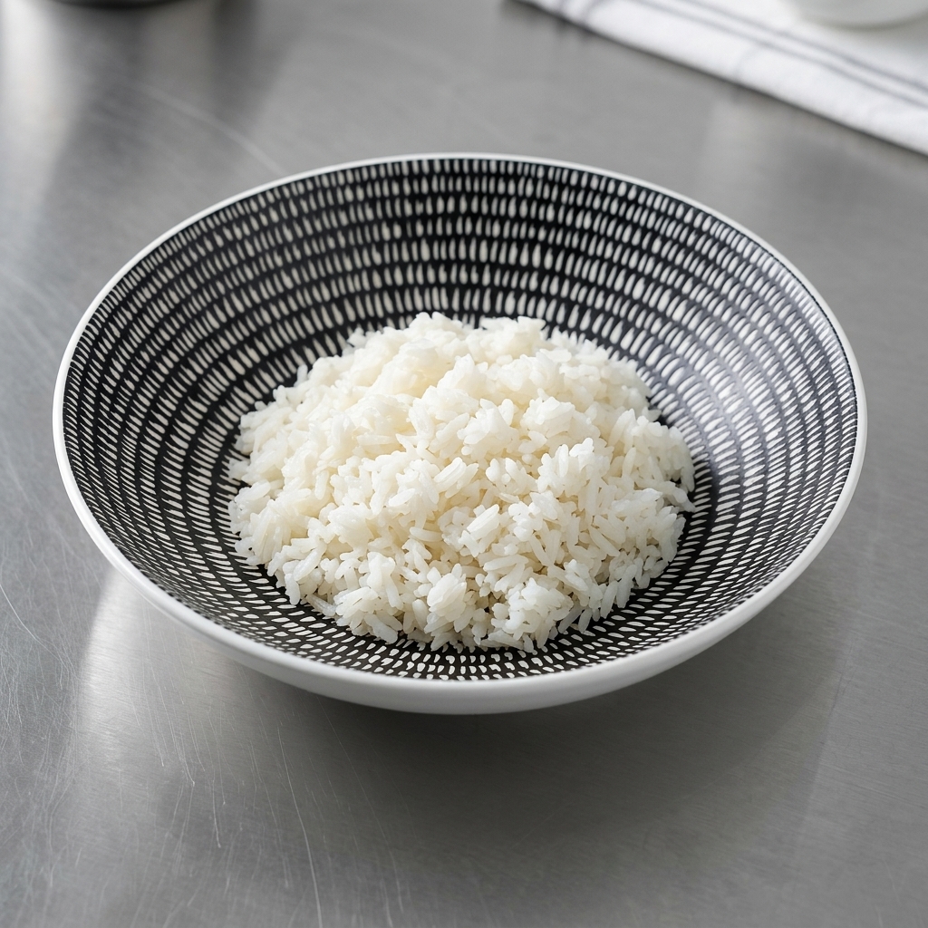 Une portion de riz blanc dans un bol en céramique à motifs.