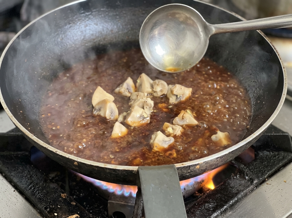 Tranches fines de bœuf persillé ajoutées dans la poêle avec les oignons.