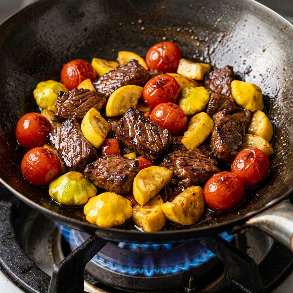 Bœuf et oignons mijotant dans une sauce sombre et savoureuse.