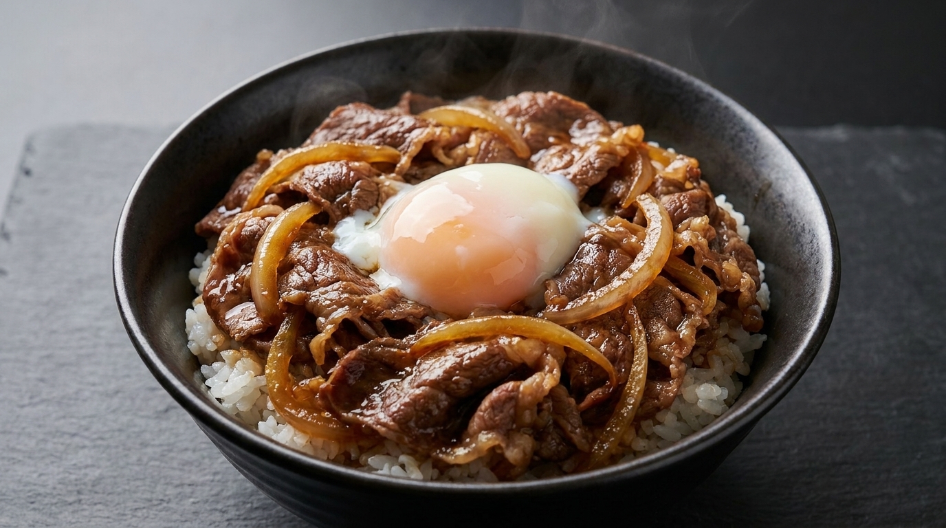 Gyudon classique au bœuf persillé et œuf onsen