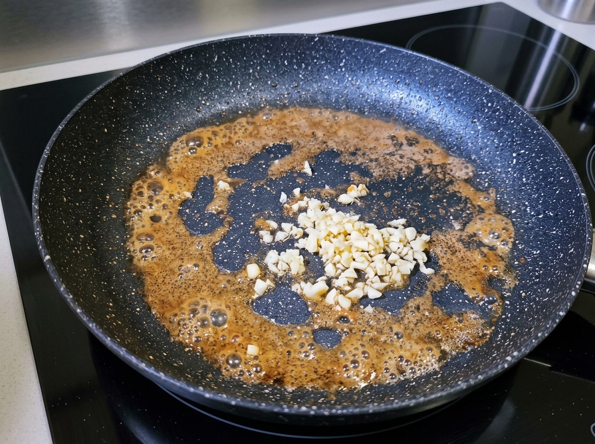 Ail, tomates et poivrons cuisant dans la poêle.