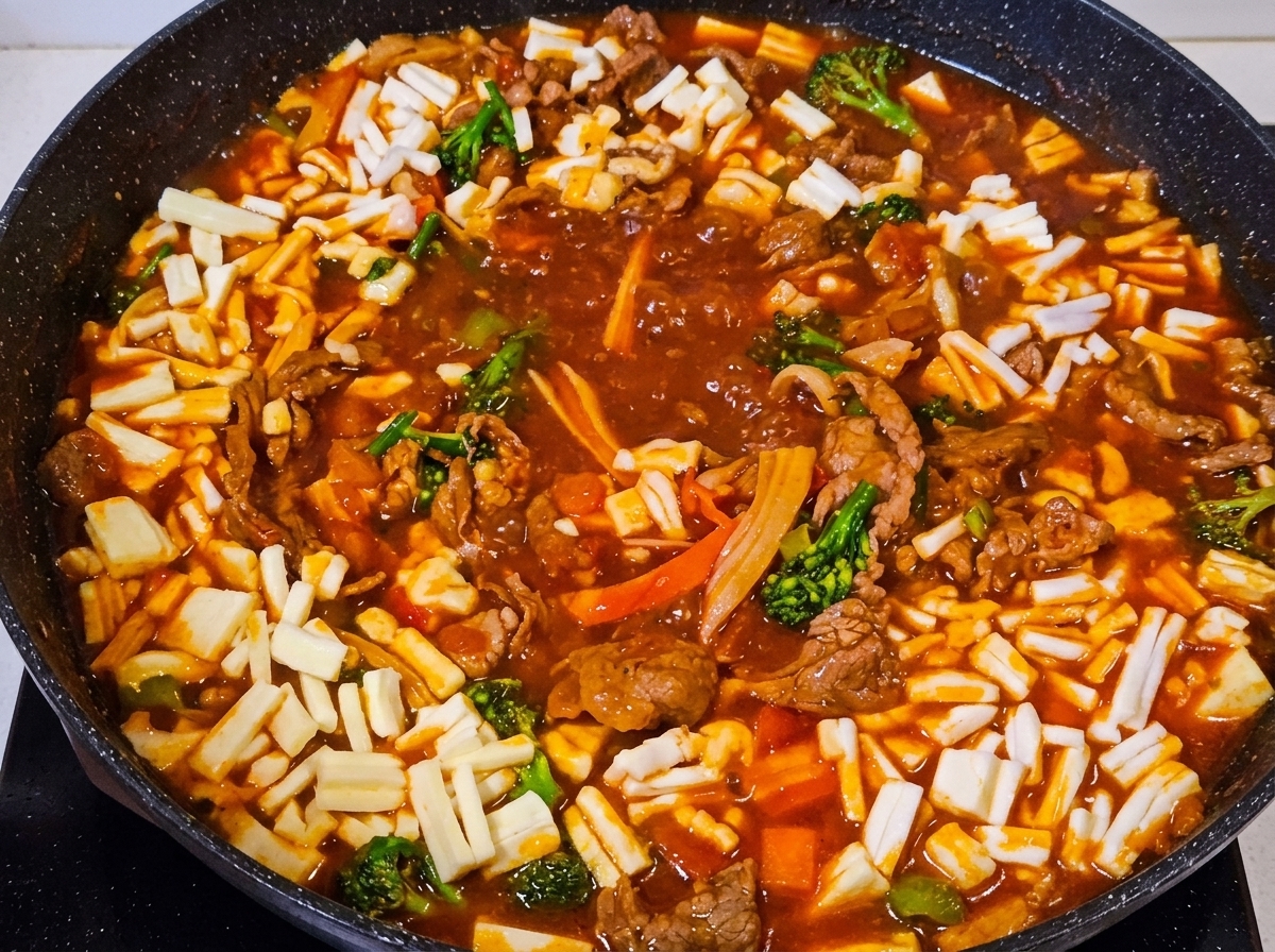 Riz placé au centre de la poêle avec une tranche de fromage par-dessus.