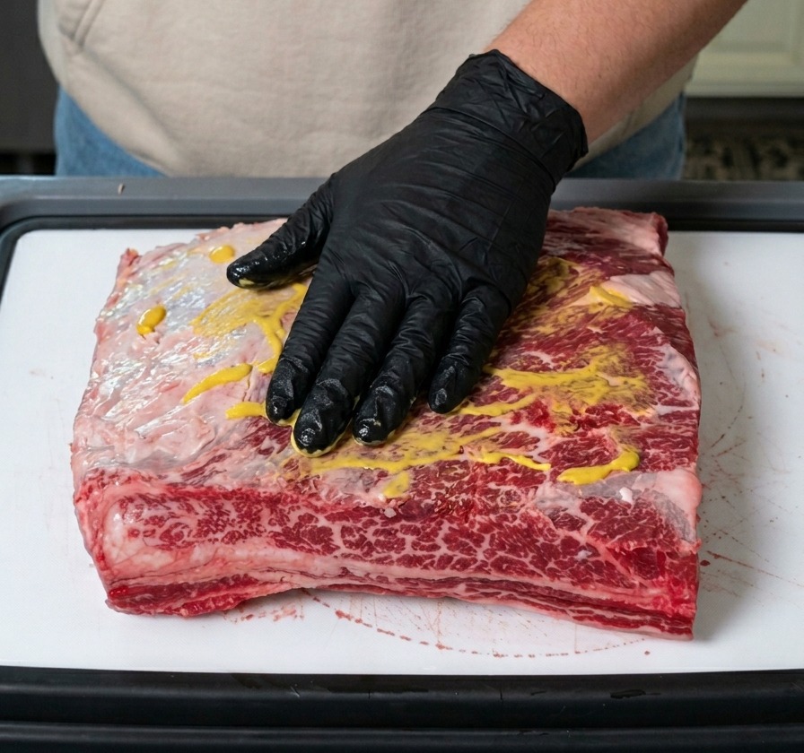Main gantée étalant de la moutarde jaune sur une épaisse pièce de côtes de bœuf.