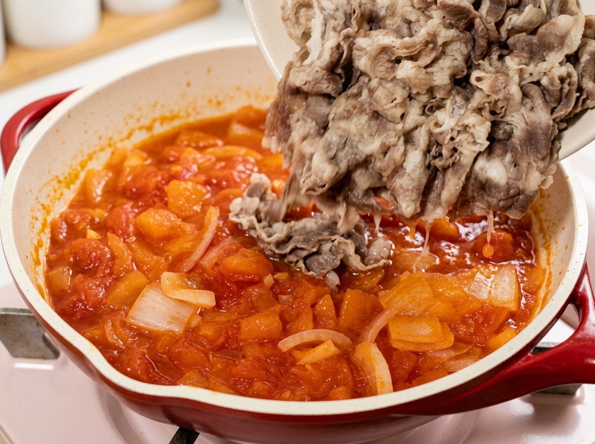 Le bœuf blanchi ajouté dans une poêle avec le mélange tomates et oignons.