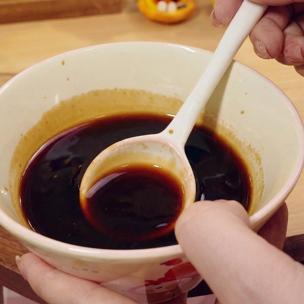 Une sauce foncée versée depuis un petit bol en céramique dans la poêle.