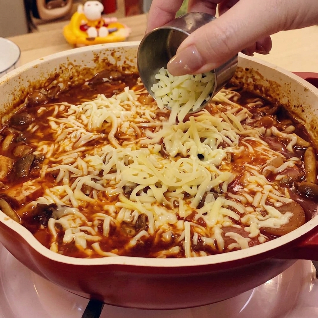 La poêle remplie du mélange bœuf et riz couverte dun couvercle en bois sur une plaque de cuisson.