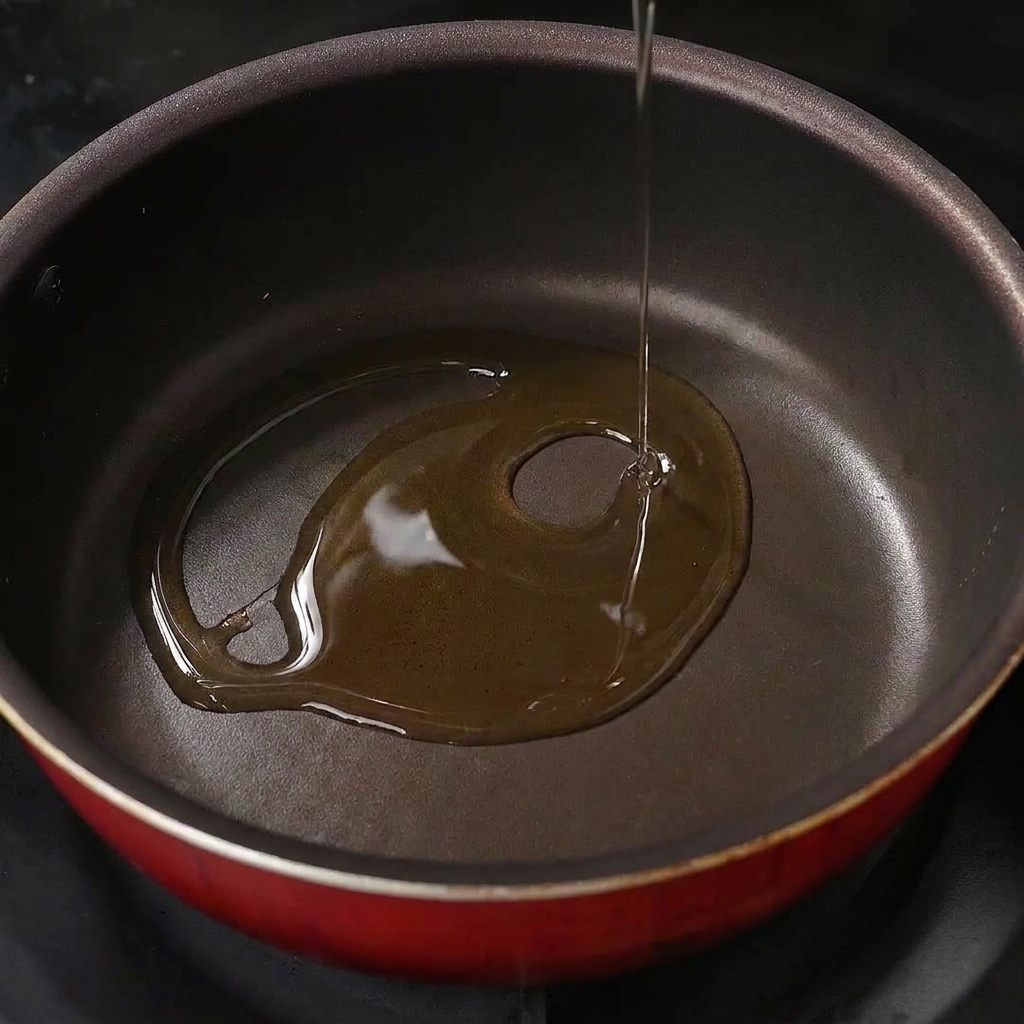 De lhuile de cuisson versée dans une petite poêle antiadhésive rouge sur la cuisinière.