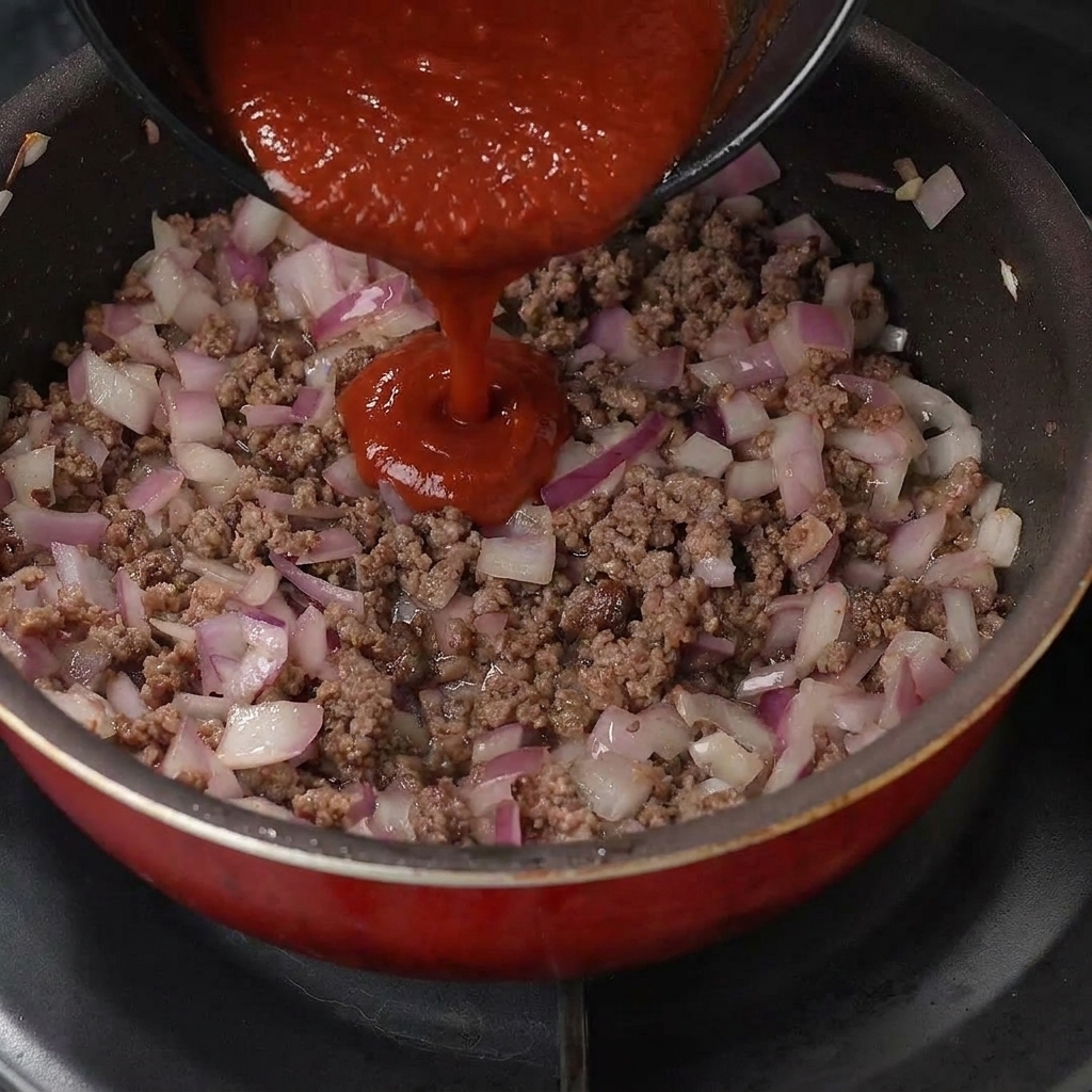 Une sauce rouge et savoureuse versée sur le mélange de bœuf haché et doignons dans la poêle.