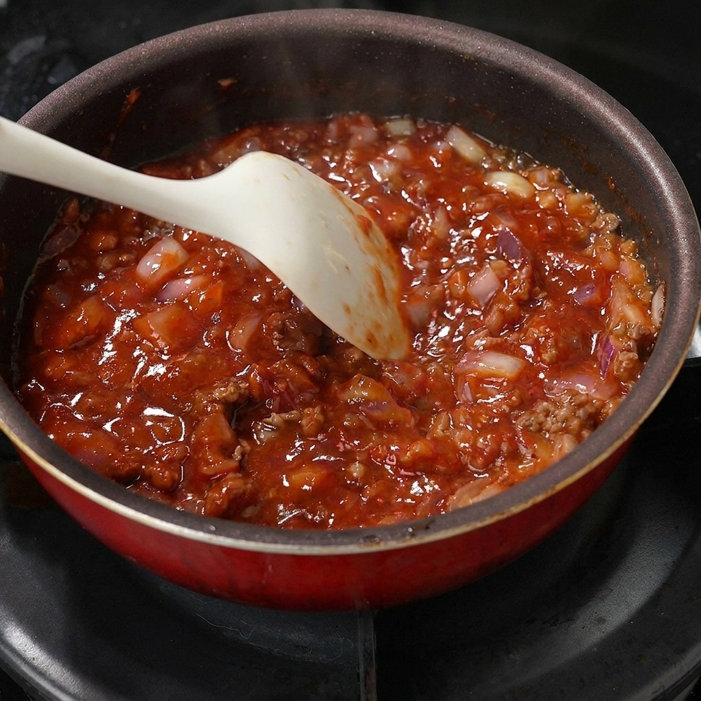 De lœuf battu versé dans la poêle avec le bœuf et la sauce, prêt à être couvert.