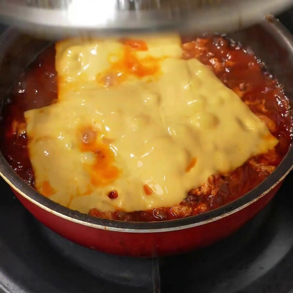 Le plat terminé de bœuf et de fromage fondu dans une poêle, garni dune pincée de graines de sésame noir.